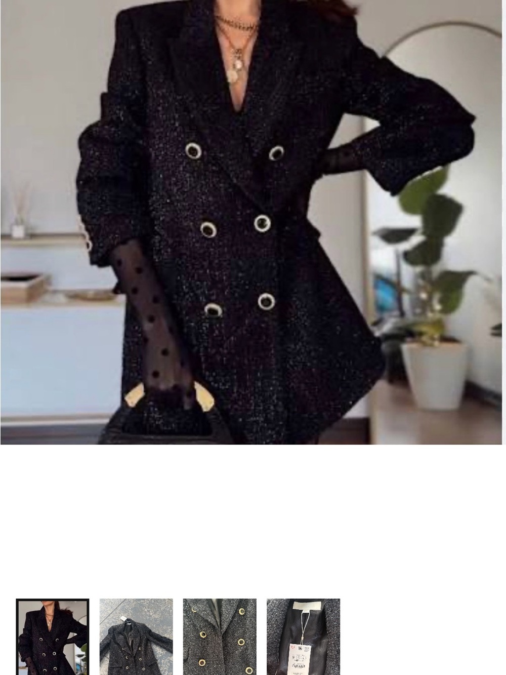 Zara Black Sparkle Double-Breasted Blazer with Gold Buttons